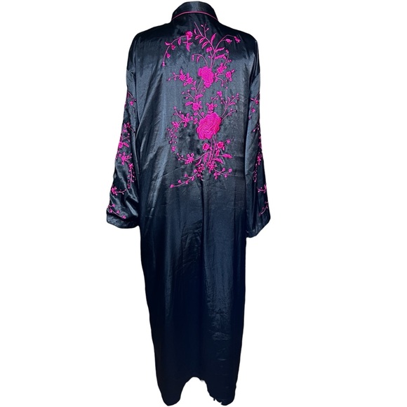 VINTAGE CABARET Black Satin w/Red Embroidery Maxi Kimono Fully Lined Robe XL - Picture 5 of 16